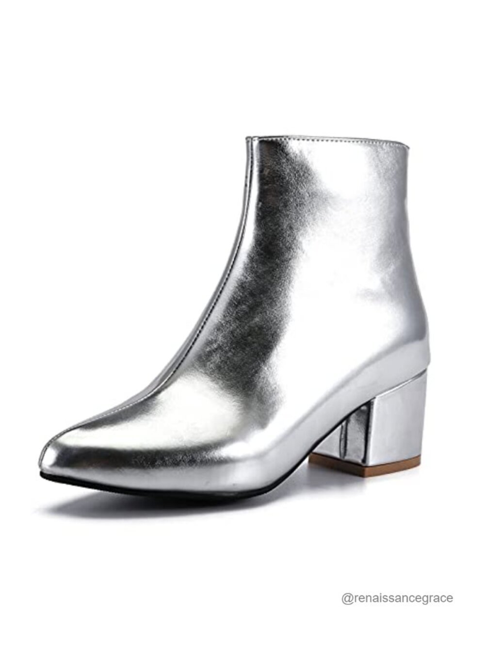 Pointed Toe Ankle Boots Mid Chunky Heel Patent PU Faux Fur Lined Zip